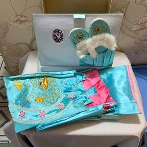 1940's-50's Japanese Blue Silk Pajama Set, Robe, Slippers in Original Mirror Box